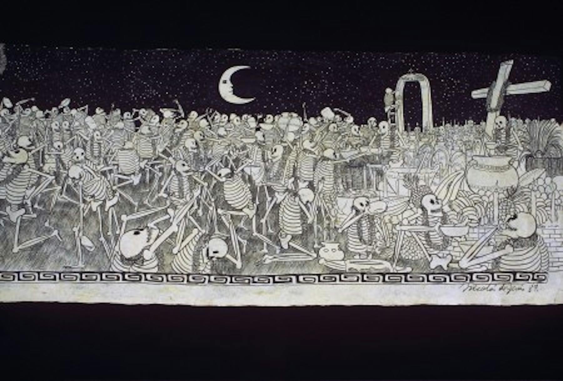 a mural of skelletons in the night and a half moon
