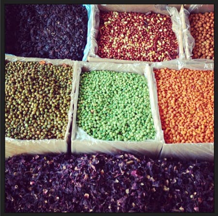 Dried beans, peas, and in the forefront, dried hibiscus (what we use to make our Flor de Jamaica cocktail at Tacolicious).